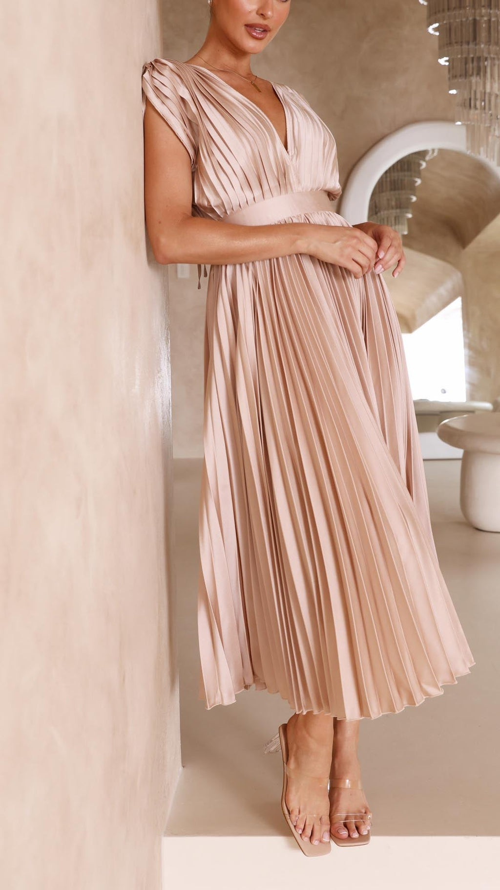 Vestido Midi Plisado Elegante para Mujer con Escote en V, Ideal para Bodas, Casual, Noche Formal – Maria