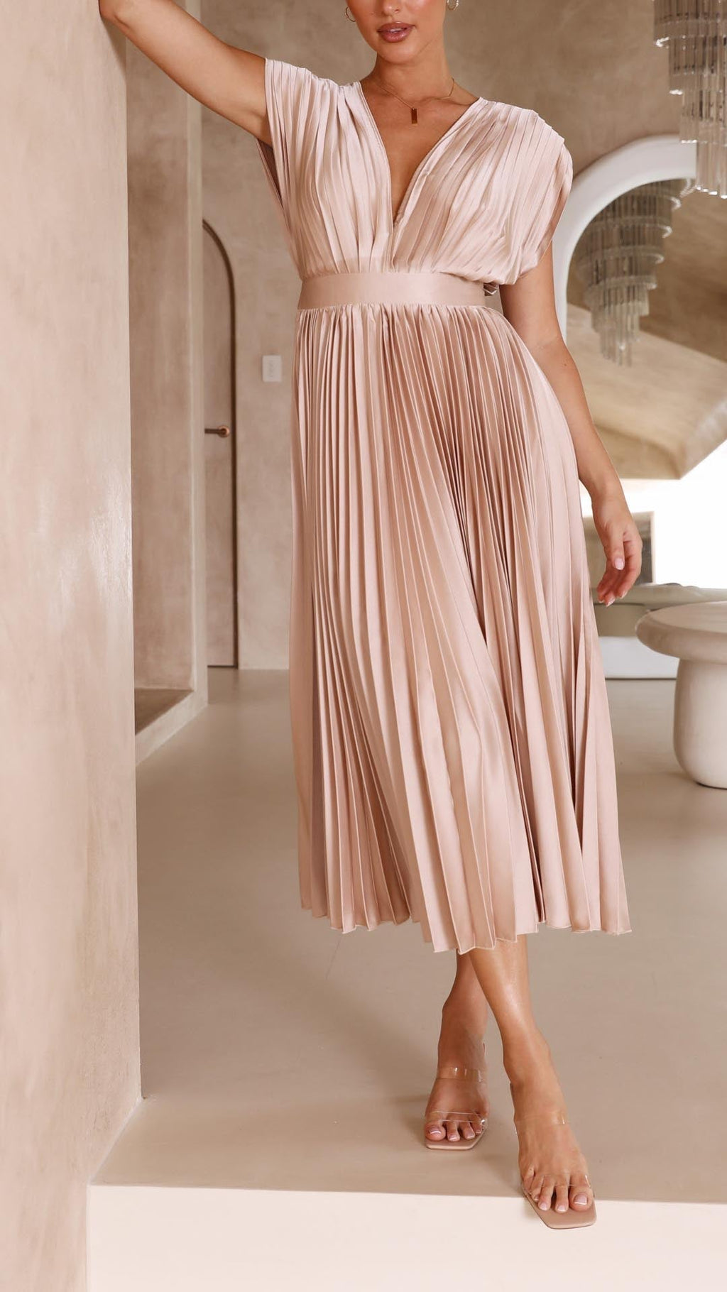 Vestido Midi Plisado Elegante para Mujer con Escote en V, Ideal para Bodas, Casual, Noche Formal – Maria