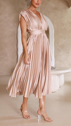 Vestido Midi Plisado Elegante para Mujer con Escote en V, Ideal para Bodas, Casual, Noche Formal – Maria