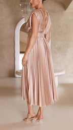 Vestido Midi Plisado Elegante para Mujer con Escote en V, Ideal para Bodas, Casual, Noche Formal – Maria