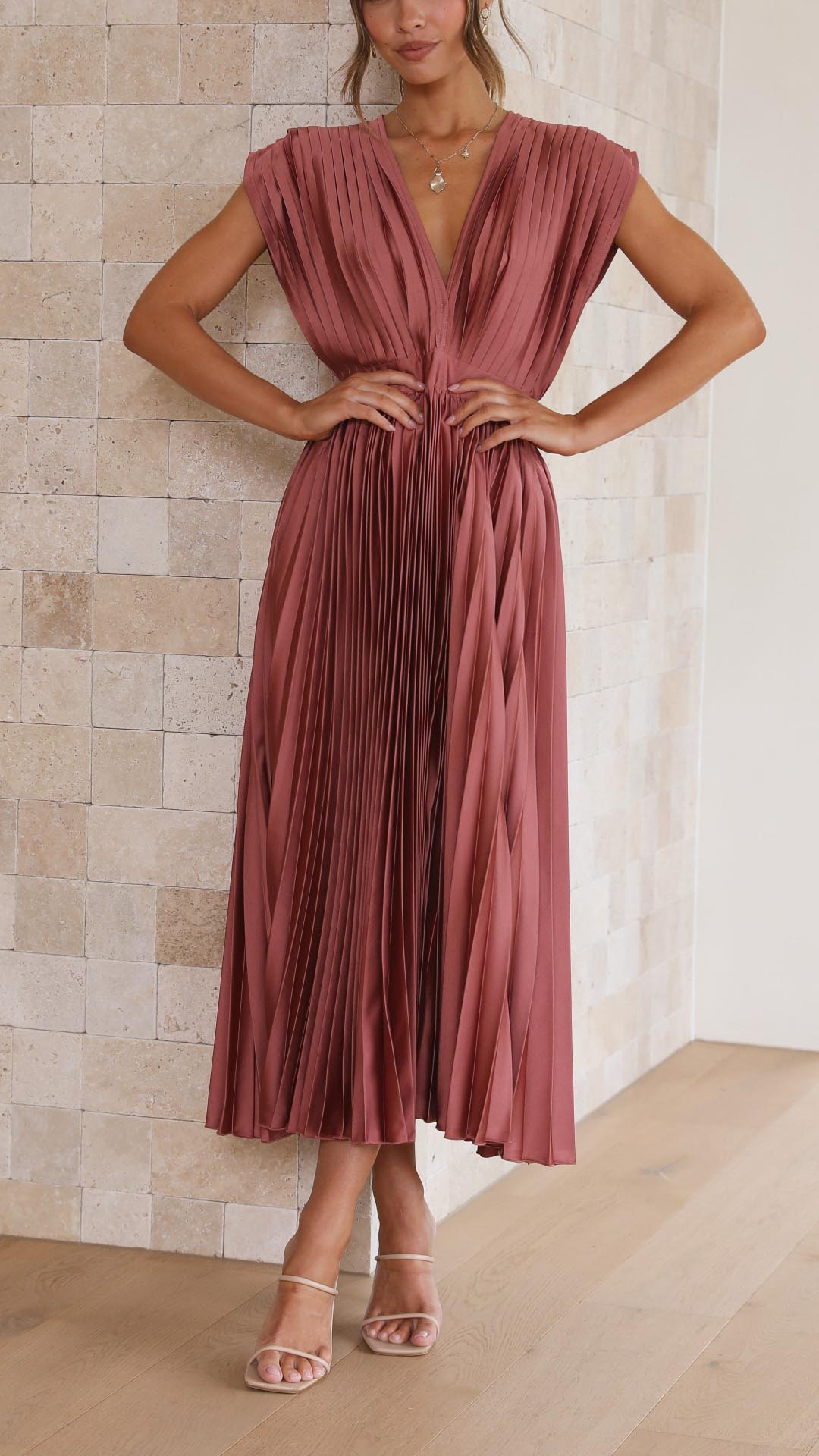 Vestido Midi Plisado Elegante para Mujer con Escote en V, Ideal para Bodas, Casual, Noche Formal – Maria