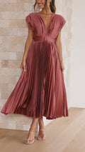Vestido Midi Plisado Elegante para Mujer con Escote en V, Ideal para Bodas, Casual, Noche Formal – Maria