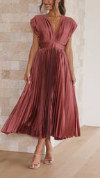 Vestido Midi Plisado Elegante para Mujer con Escote en V, Ideal para Bodas, Casual, Noche Formal – Maria