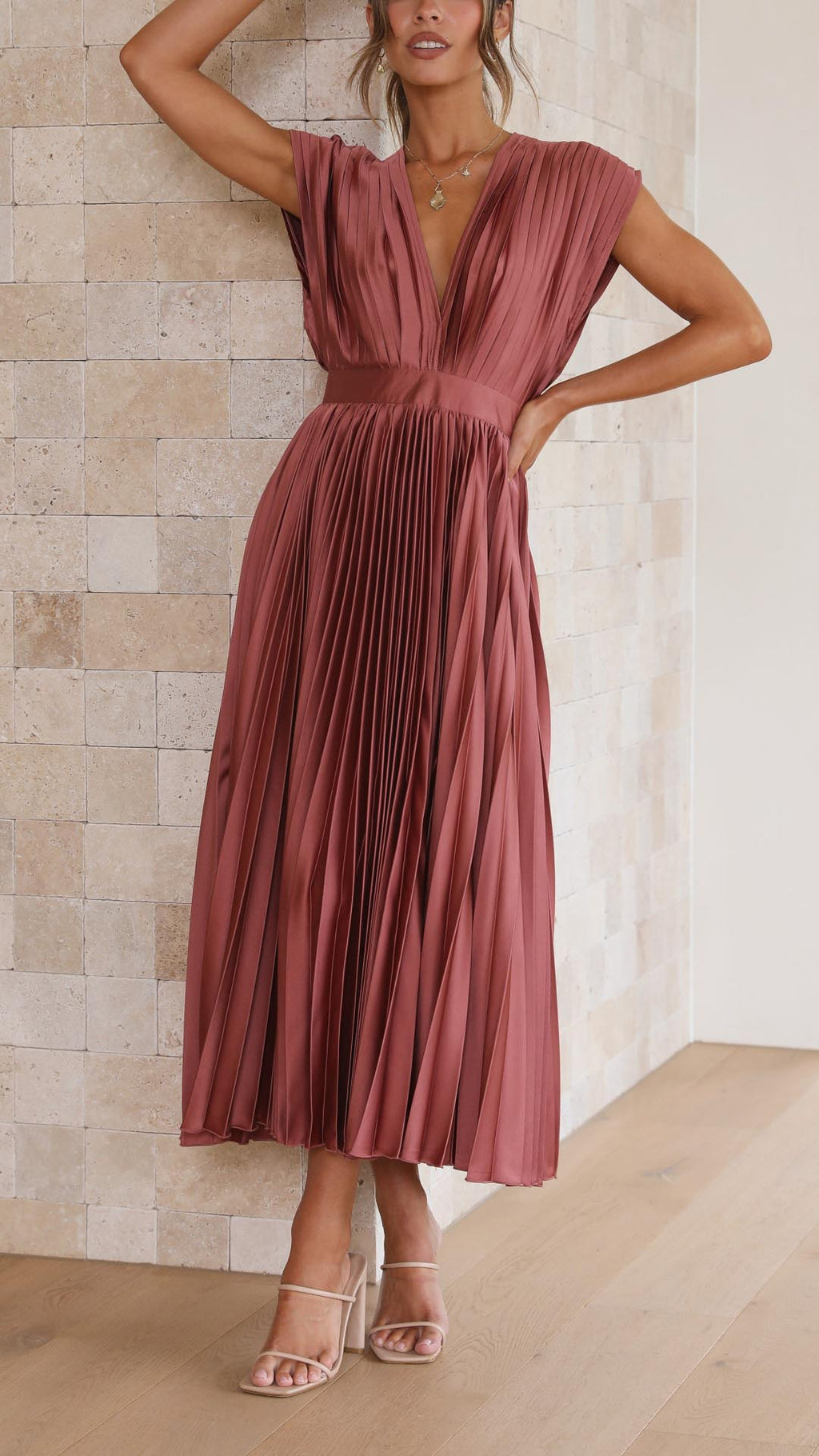 Vestido Midi Plisado Elegante para Mujer con Escote en V, Ideal para Bodas, Casual, Noche Formal – Maria