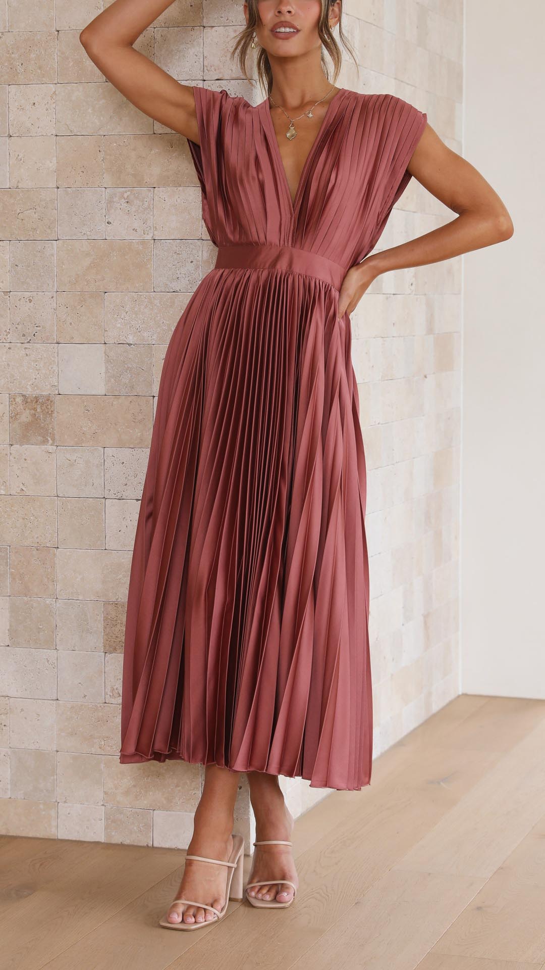 Vestido Midi Plisado Elegante para Mujer con Escote en V, Ideal para Bodas, Casual, Noche Formal – Maria