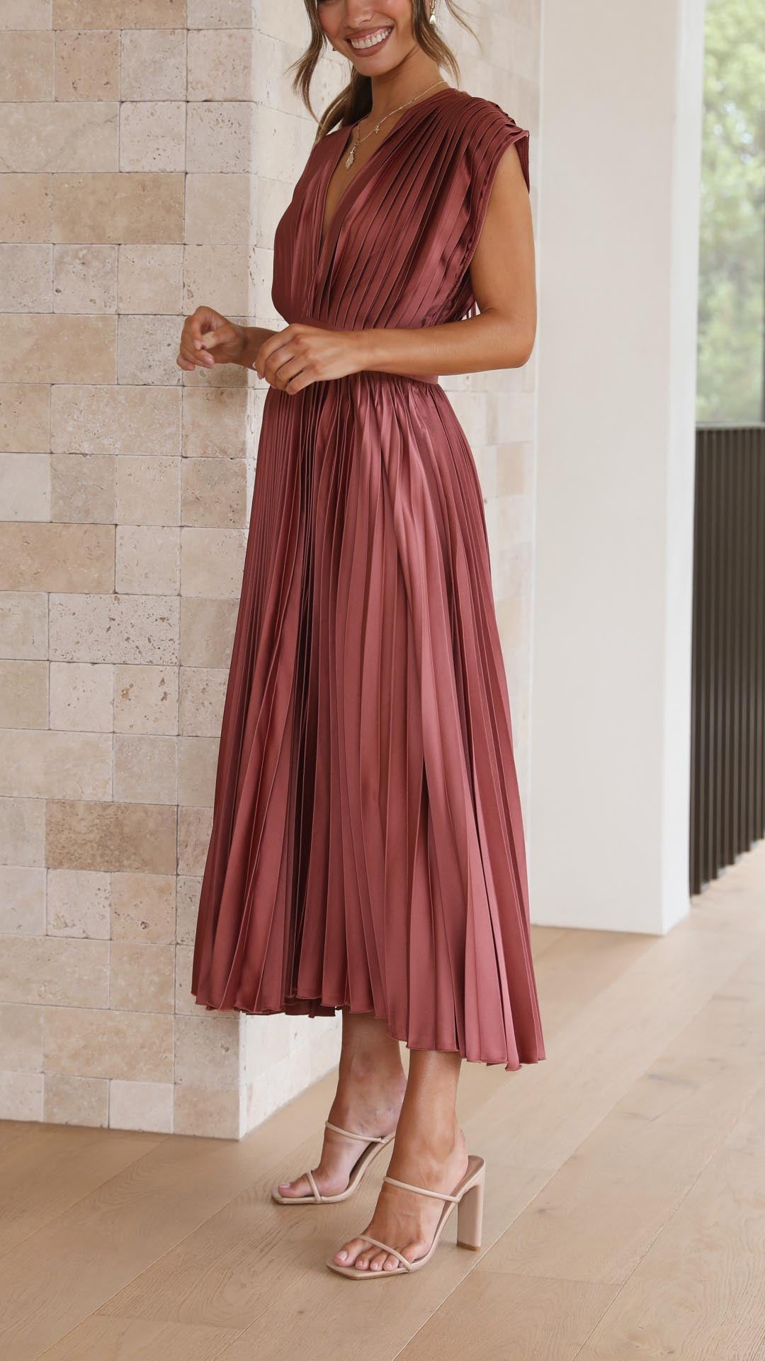 Vestido Midi Plisado Elegante para Mujer con Escote en V, Ideal para Bodas, Casual, Noche Formal – Maria