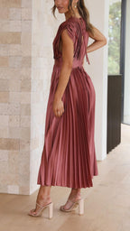 Vestido Midi Plisado Elegante para Mujer con Escote en V, Ideal para Bodas, Casual, Noche Formal – Maria