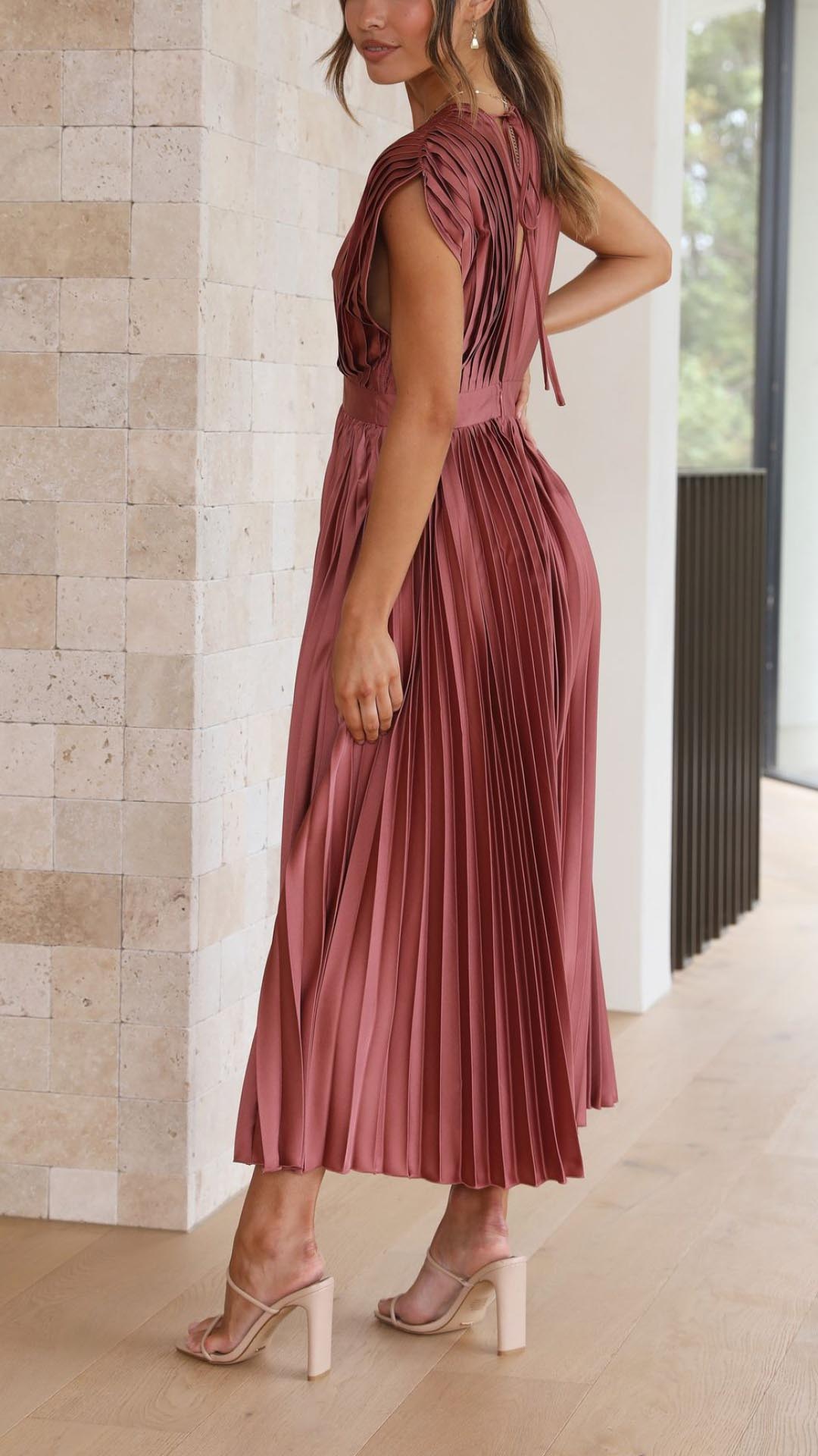 Vestido Midi Plisado Elegante para Mujer con Escote en V, Ideal para Bodas, Casual, Noche Formal – Maria