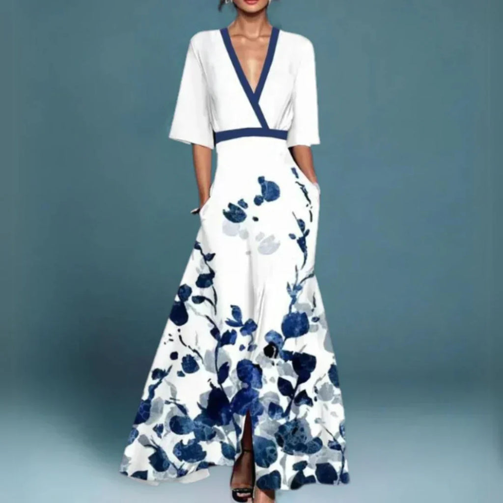 Vestido Largo Floral Elegante para Mujer con Escote en V y Manga Larga para Fiestas de Jardín Verano Gala – Jill