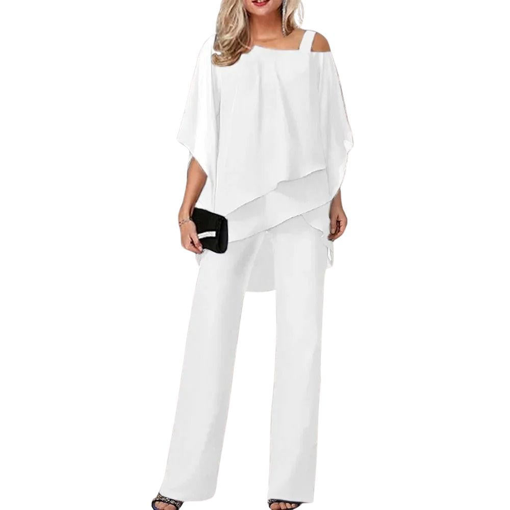 Conjunto de Pantalón Chiffon Elegante Formal Femenino con Parte Superior y Pantalones de Pierna Ancha para Eventos Festivos