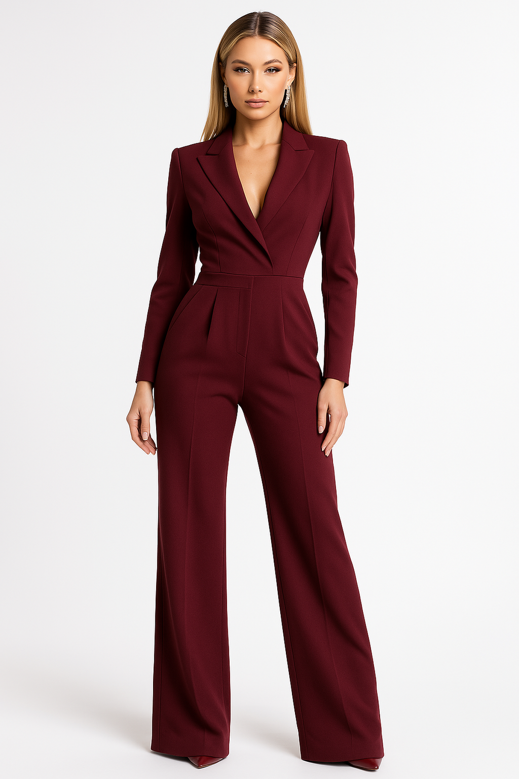 Mono Elegante para Mujer con Manga Larga y Pierna Ancha – Burdeos