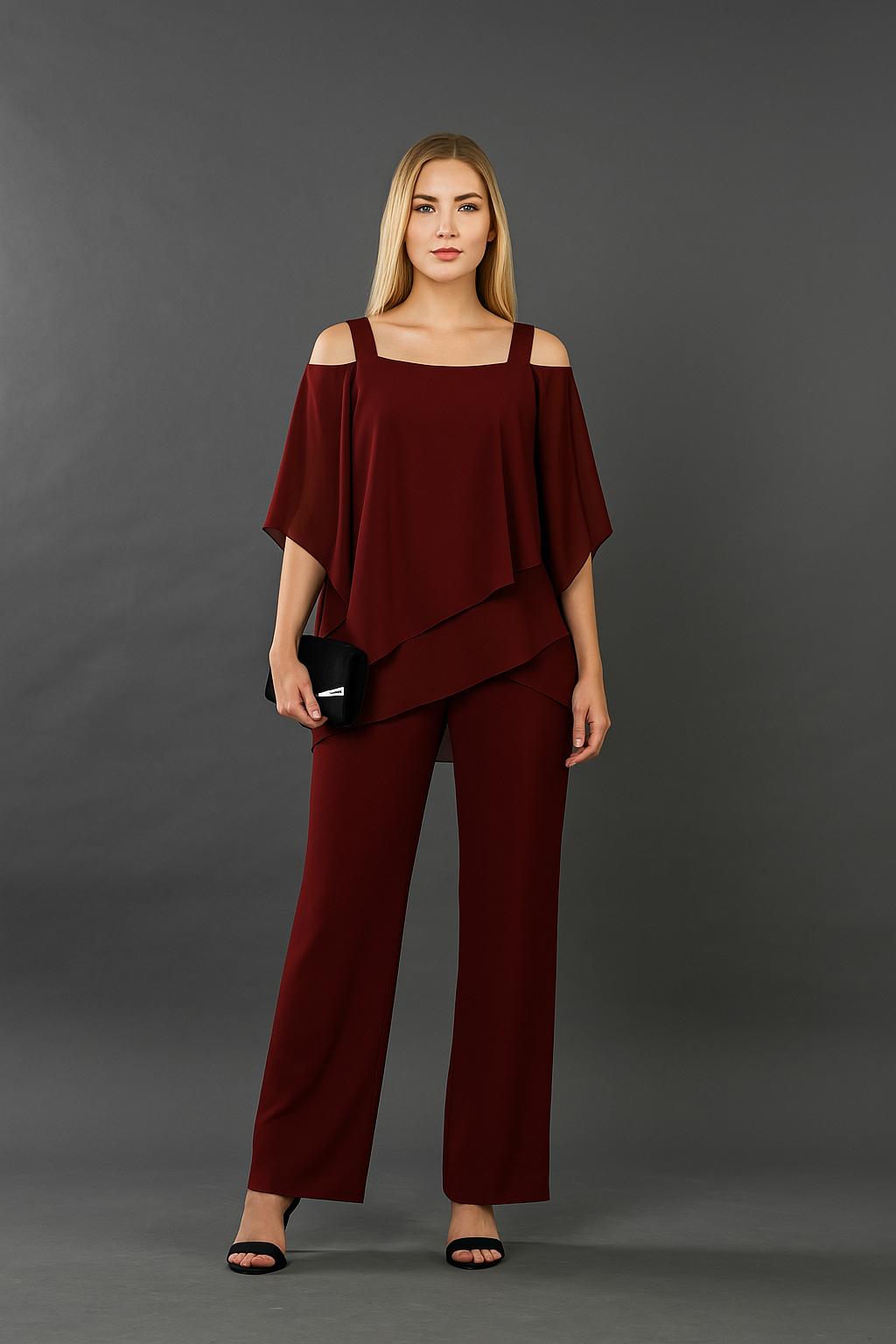Conjunto Elegante de Dos Piezas para Mujeres: Top y Pantalones de Pierna Ancha para Eventos Formales, Bodas, Galas y Fiestas de Cóctel de Lujo – Burdeos, Negro, Blanco, Azul