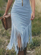 Vestido Mini de Fiesta de Vaquera Vintage de Mezclilla para Mujeres Sin Mangas con Solapa, Cremallera y Borlas, Ajuste Slim