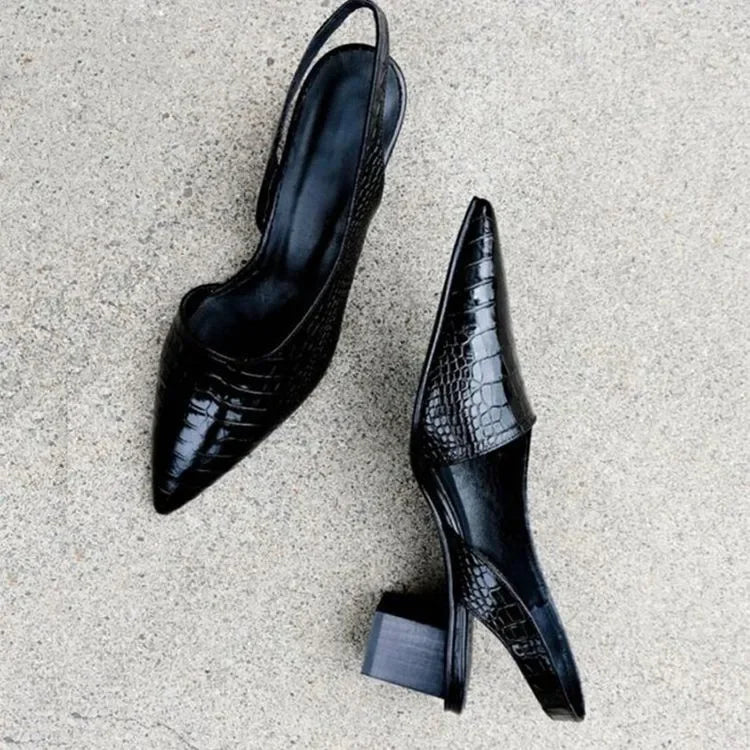 Zapatos de Tacón Bajo Elegantes con Punta Afilada para Mujeres, Slingback, Trabajo, Oficina, Formal, Boda, Fiesta, Uso Diario – Pernille Negro Marrón