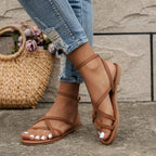 Sandalias Planas de Romanas para Mujeres con Tiras Cruzadas y Cierre de Cremallera - Casual de Verano para Vacaciones en la Playa - Boho – Marrón Claro Negro