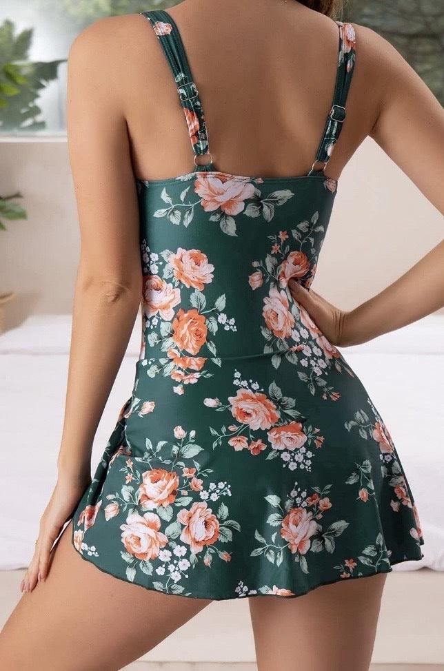 Vestido de Baño Elegante de Una Pieza para Mujeres con Control de Abdomen, Falda Acampanada, Lazo Lateral Floral para la Playa en Verano – Multicolor