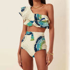 Conjunto de Bikini de Una Sola Manga y Cintura Alta con Volantes, Estampado Tropical para Vacaciones en la Playa, Resort y Verano – Verde Azul Crema
