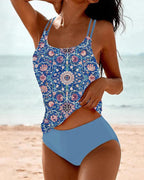 Conjunto de Tankini Impreso para Mujeres con Cintura Alta y Tirantes en Capas, Estilo Playero de Verano – Multicolor
