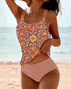 Conjunto de Tankini Impreso para Mujeres con Cintura Alta y Tirantes en Capas, Estilo Playero de Verano – Multicolor
