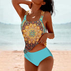 Conjunto de Tankini Impreso para Mujeres con Cintura Alta y Tirantes en Capas, Estilo Playero de Verano – Multicolor