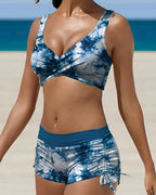 Conjunto de Bikini de Dos Piezas para Mujeres con Top Envueltos y Pantalones Cortos Fruncidos - Deportivo Playa Vacaciones Piscina Verano Activo – Camo Negro Burdeos Naranja