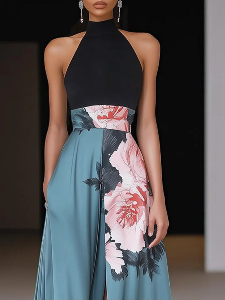 Vestido Largo Floral para Mujer Negro Halter Sin Mangas A-Line Con Corte Lateral Invitada de Boda Formal – Janelle
