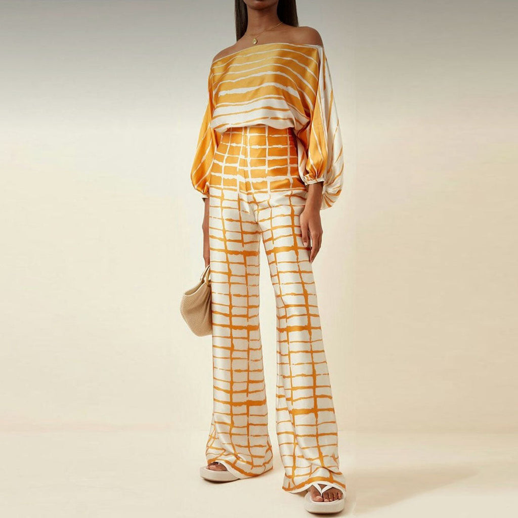 Conjunto de Verano de Dos Piezas para Mujeres, Top Fluido Impreso y Pantalones de Pierna Ancha, Atuendo Elegante y Casual para Vacaciones