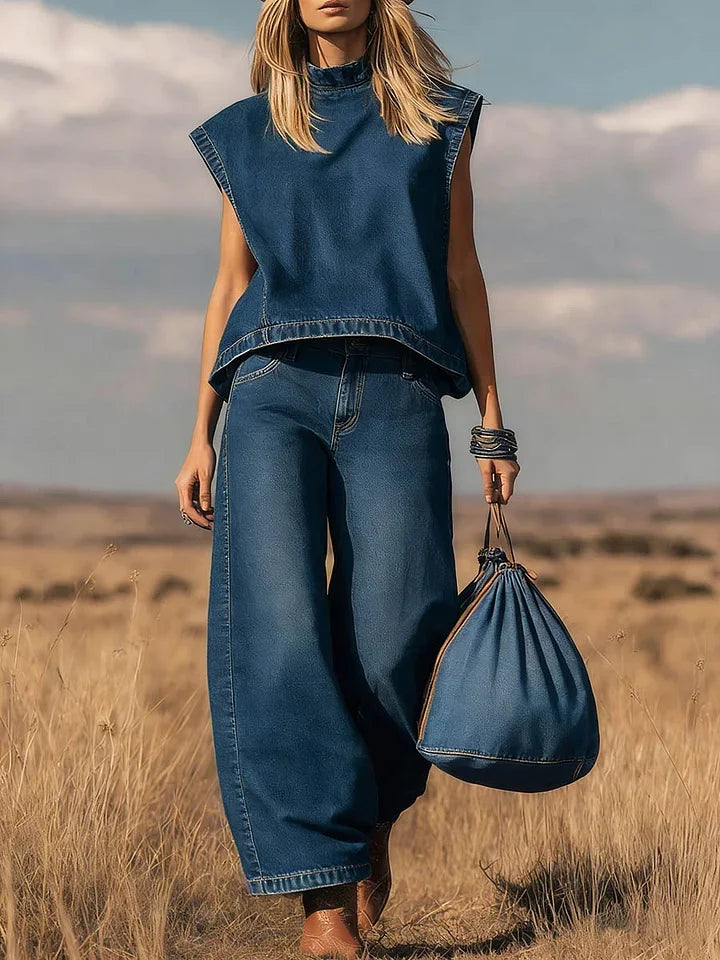 Conjunto de Top Sin Mangas con Cuello Alto y Pantalones Anchos de Cintura Alta para Mujer - Casual, Ropa de Calle, Verano – Índigo