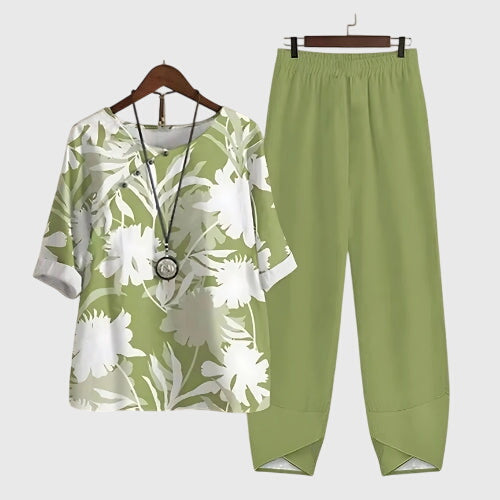 Conjunto Casual de Dos Piezas para Mujeres, Top de Manga Corta Impreso y Pantalones de Pierna Ancha, Cómodo para el Día a Día – Alessia