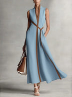 Vestido Midi Formal Sin Mangas de Algodón y Lino para Mujer, Cuello Alto, Verano, Playa, Vacaciones, Trabajo, Uso Diario – Aurora