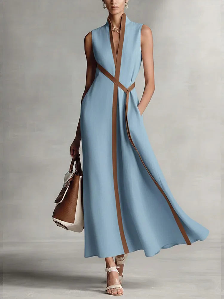 Vestido Midi Formal Sin Mangas de Algodón y Lino para Mujer, Cuello Alto, Verano, Playa, Vacaciones, Trabajo, Uso Diario – Aurora