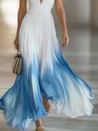 Vestido Largo Plisado Elegante para Mujer Chiffon con Escote en V para Invitadas de Boda Fiesta Formal de Verano – Degradado Azul Blanco