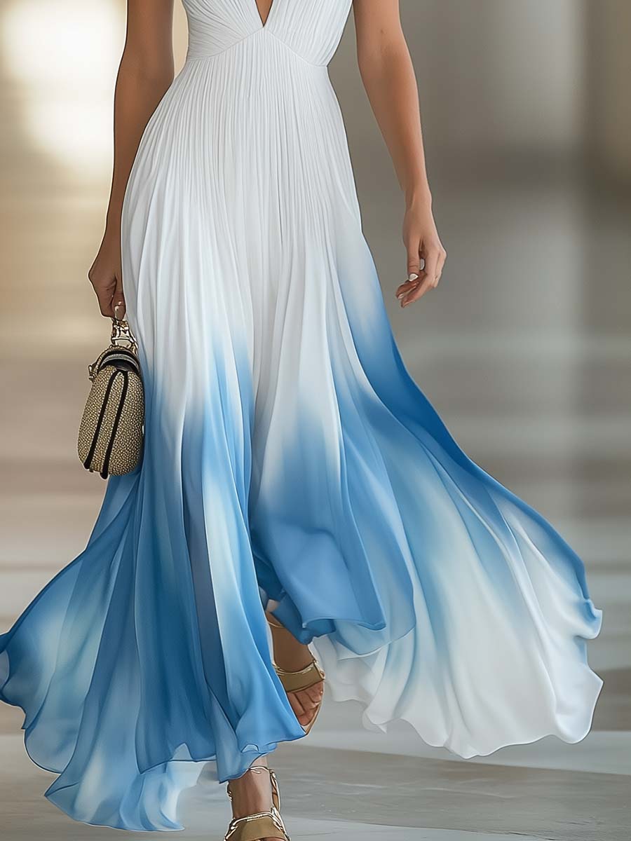 Vestido Largo Plisado Elegante para Mujer Chiffon con Escote en V para Invitadas de Boda Fiesta Formal de Verano – Degradado Azul Blanco