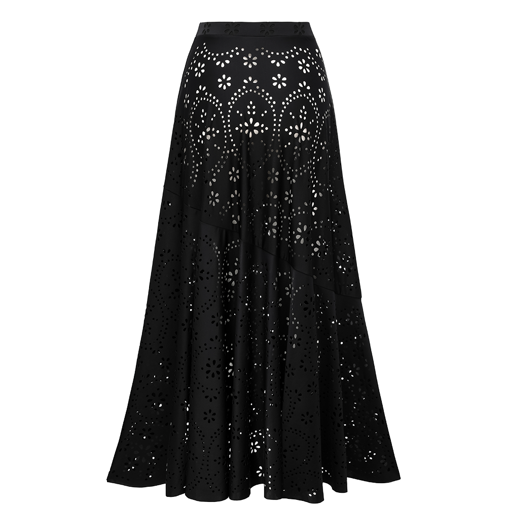 Conjunto de Traje de Baño de Una Pieza Negro con Corte Láser y Falda Larga con Escote en V para Vacaciones en la Playa, Resort, Fiesta en la Piscina y Crucero – Negro
