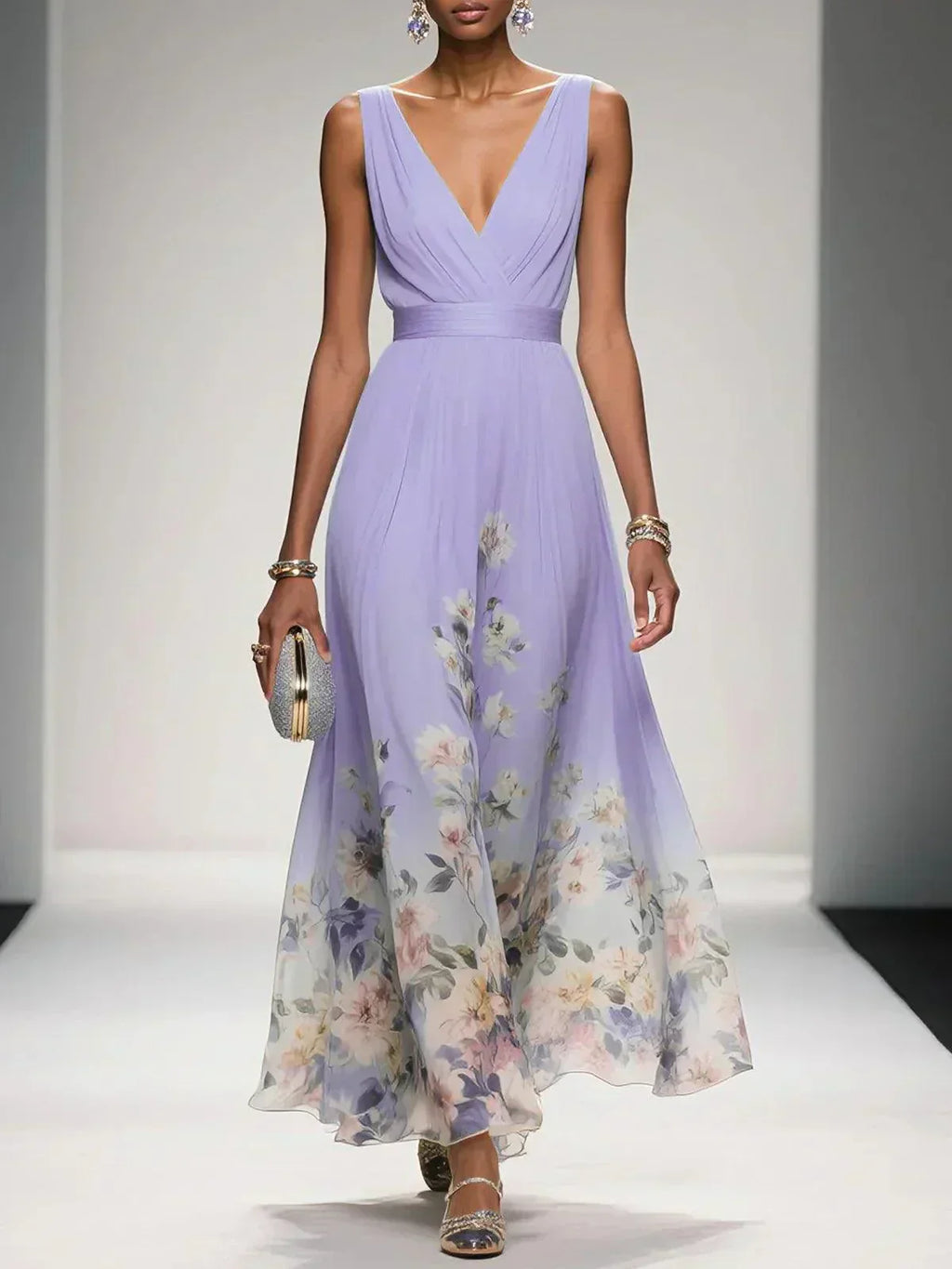 Vestido Largo Floral para Invitadas de Boda Femenino Fluido Romántico Elegante