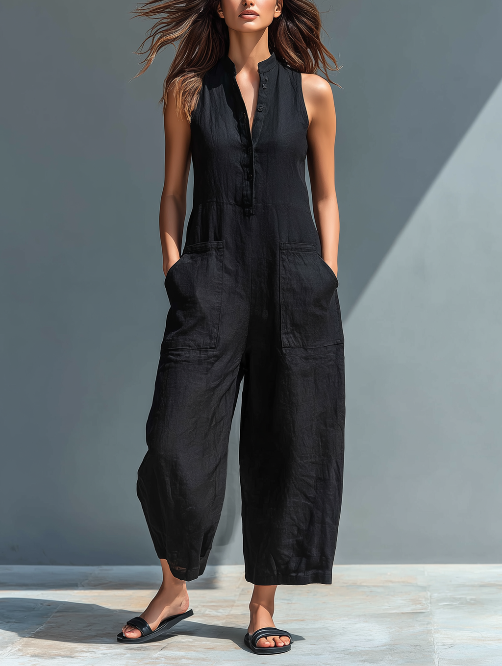 Mono sin mangas de lino minimalista con cuello de pie y botones para mujer