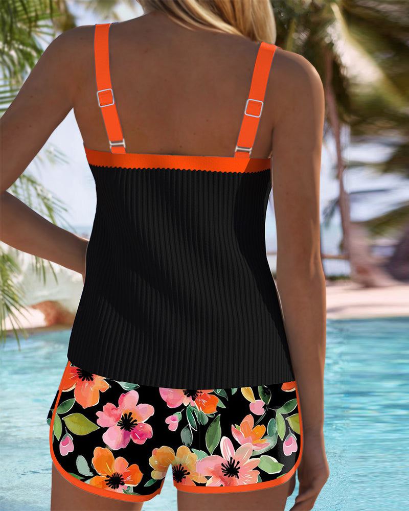 Conjunto de Tankini de Dos Piezas para Mujeres con Estampado Floral, Pantalones Cortos, Espalda Descubierta, Ropa de Baño para Vacaciones en la Playa, Piscina, Verano y Resort – Soleil