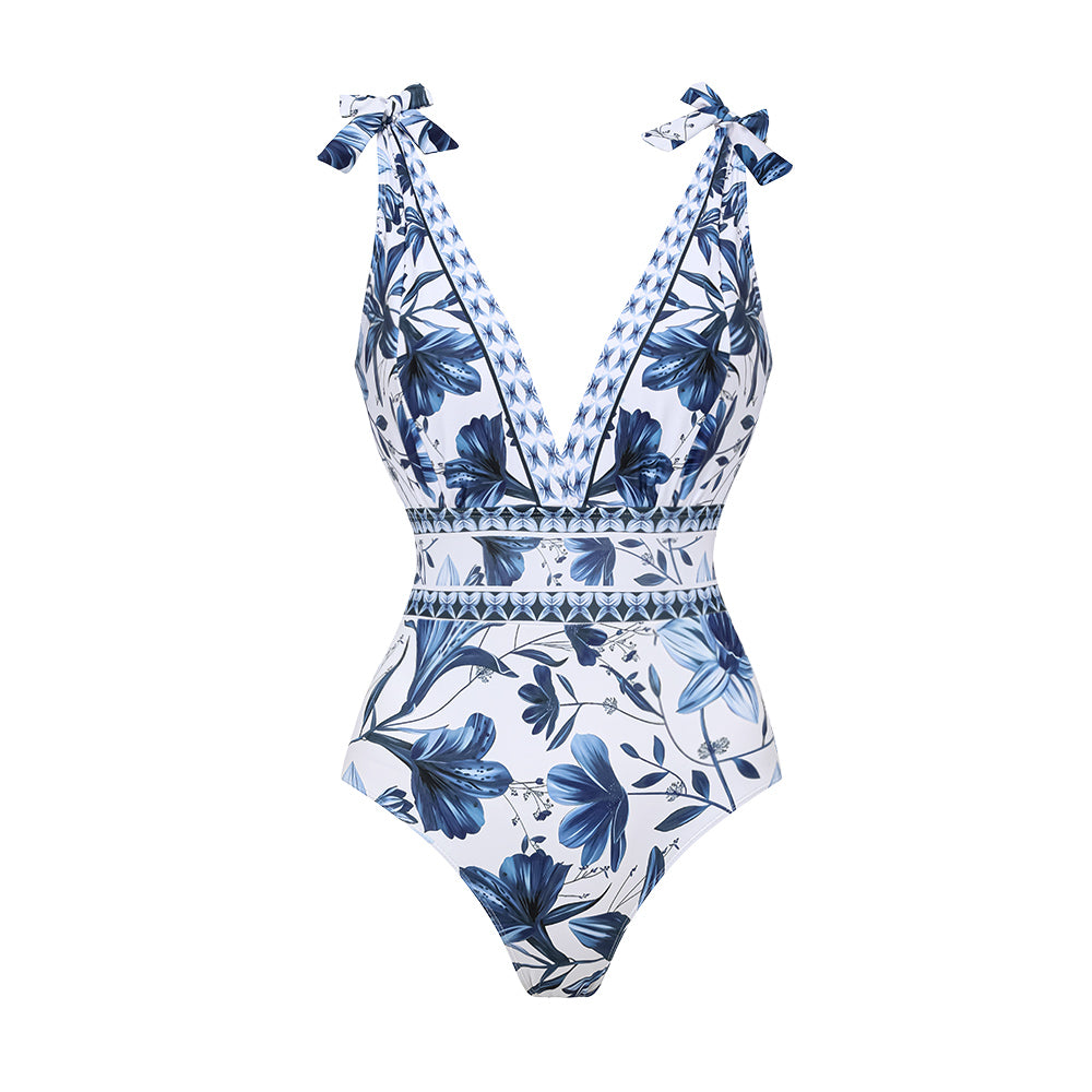 Conjunto de Traje de Baño de Una Pieza Con Escote En V, Cordones y Estampado Floral & Falda larga - Vacaciones En La Playa, Resort, Fiesta En La Piscina, Crucero, Luna de Miel – Azul