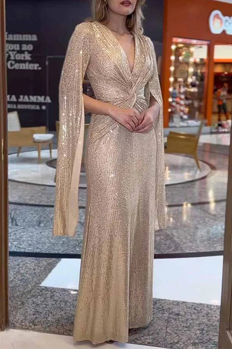 Vestido Largo de Manga Larga con Escote en V y Lentejuelas para Mujeres, A-Line, Formal, Prom, Gala, Invitada de Boda, Noche de Alfombra Roja – Seraphina
