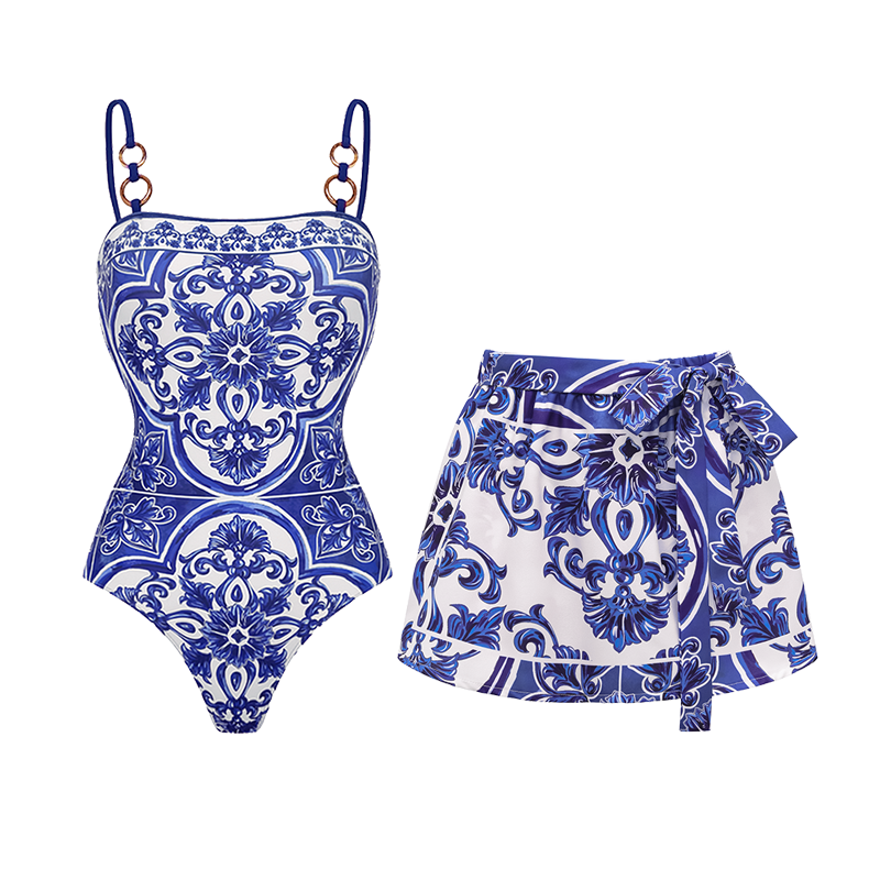 Conjunto de Bañador de Una Pieza con Falda o Pantalones Cortos de Estampado Majólica para Mujeres - Vacaciones en la Playa, Resort, Fiesta en la Piscina, Crucero de Verano – Azul y Blanco