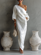 Vestido Largo Elegante de Una Sola Manga para Mujer de Algodón y Lino, Fluido, Formal, para Fiestas y Bodas – Blanco Marfil