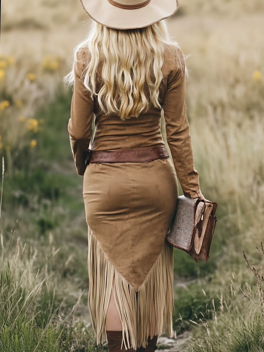 Vestido Midi de Suede Retro Western con Flecos y Borlas para Mujer, de Manga Larga, con Solapa, Cierre de Cremallera, Cinturón y Ajuste Slim – Marrón Claro