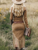 Vestido Midi de Suede Retro Western con Flecos y Borlas para Mujer, de Manga Larga, con Solapa, Cierre de Cremallera, Cinturón y Ajuste Slim – Marrón Claro