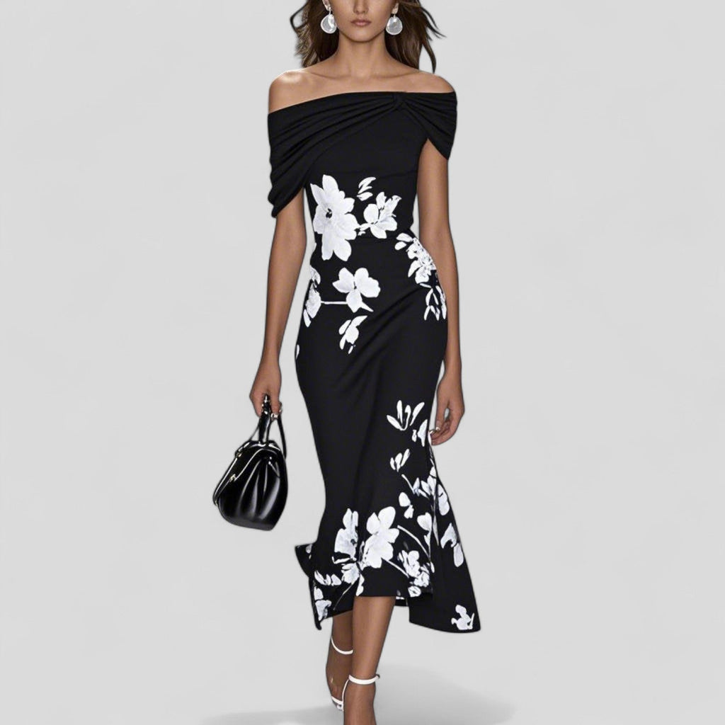 Vestido Midi Floral Elegante para Mujeres Sin Hombros Casual Formal Invitada de Boda Chic – Isabrunel