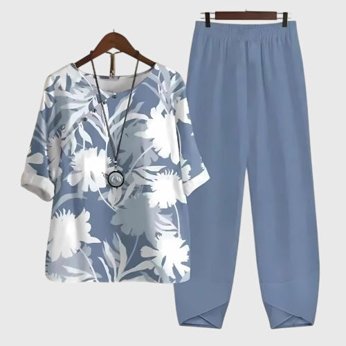 Conjunto Casual de Dos Piezas para Mujeres, Top de Manga Corta Impreso y Pantalones de Pierna Ancha, Cómodo para el Día a Día – Alessia