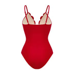 Conjunto de Traje de Baño de Una Pieza Floral con Corte y Falda Larga de V-Cuello para Vacaciones en la Playa, Fiesta en la Piscina, Verano Resort – Rojo