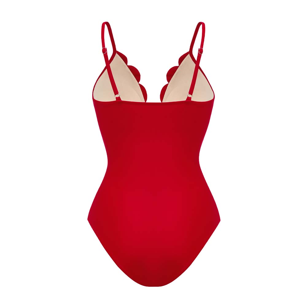 Conjunto de Traje de Baño de Una Pieza Floral con Corte y Falda Larga de V-Cuello para Vacaciones en la Playa, Fiesta en la Piscina, Verano Resort – Rojo