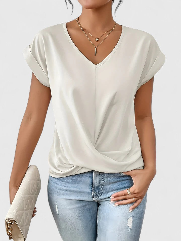 Top V-Neck Confortable para Mujeres con Twist Frontal de Manga Corta Casual Chic – Mahrianne