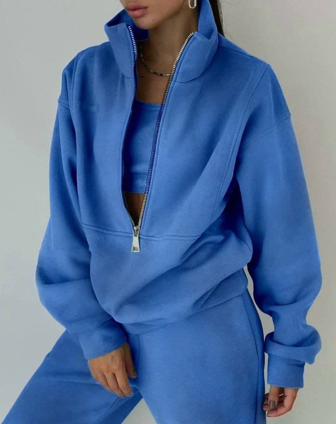 Conjunto de Dos Piezas Casual Oversized para Mujeres con Media Cremallera y Joggers de Cintura Alta – Grace