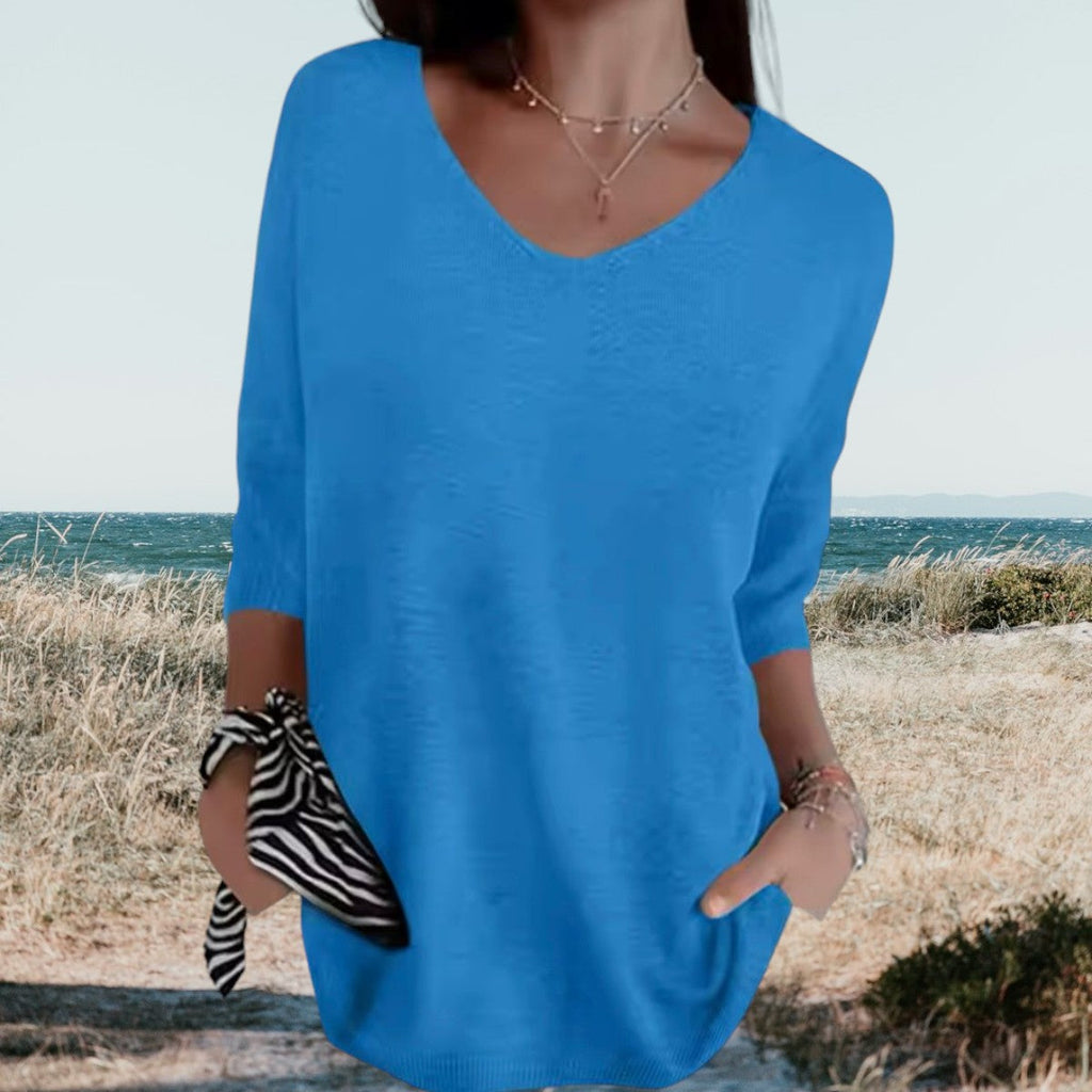 Top de Punto Ligero de Verano Para Mujer Con Escote En V, Ajuste Relajado, Casual, Cersátil y Suave – Gerda